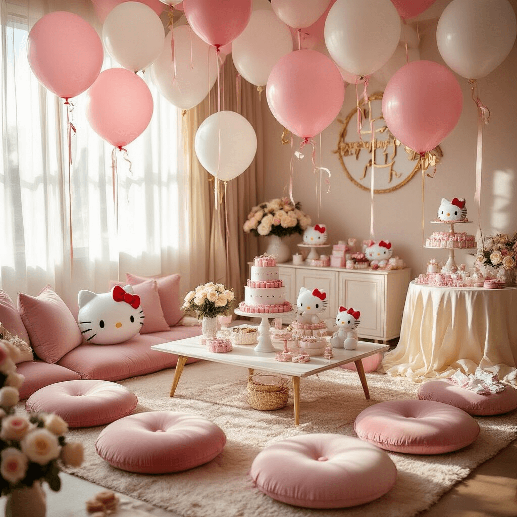 Hello Kitty Balloons: Everything You Need to Transform Your Party Into Kawaii Heaven A whimsical living room transformed into a kawaii paradise, featuring oversized Hello Kitty balloons, a tiered birthday cake display, plush velvet floor cushions, and soft golden hour lighting filtering through sheer curtains, creating an intimate and elegant atmosphere.