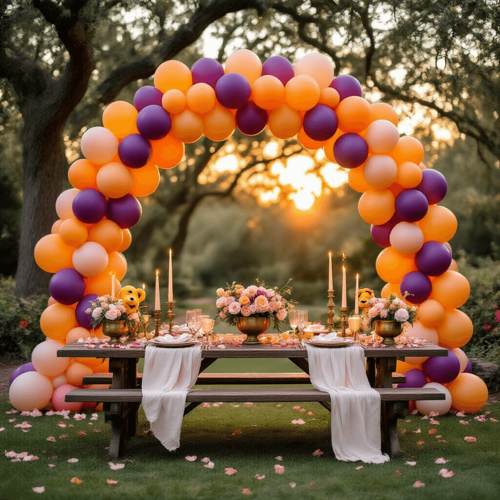 Why Lion King Balloons Turn Any Party Into Pride Rock (And How to Use Them Without Looking Like an Amateur) Close-up detail of a whimsical garden party setup with a balloon arch resembling Pride Rock, featuring sunset orange and deep purple balloons, Simba and Nala mylar accents, a rustic wooden picnic table with ivory linen, brass balloon centerpieces, flickering candles, and fairy lights creating a magical ambiance during golden hour.