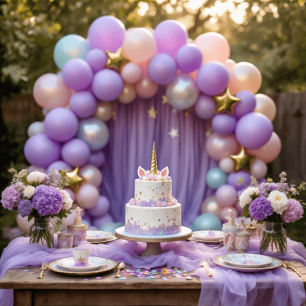 Purple Balloons: Everything You Need to Know About Choosing the Perfect Shade and Style A close-up shot of a whimsical unicorn-themed children's party in a backyard, featuring pastel purple and iridescent foil balloons, a three-tiered glitter-adorned birthday cake, rainbow tulle table linens, a DIY balloon garland in ombre purple, vintage plates with gold rims, scattered metallic confetti, fresh florals in mason jars, and playful elements like glitter-filled balloons and custom rainbow party favors.