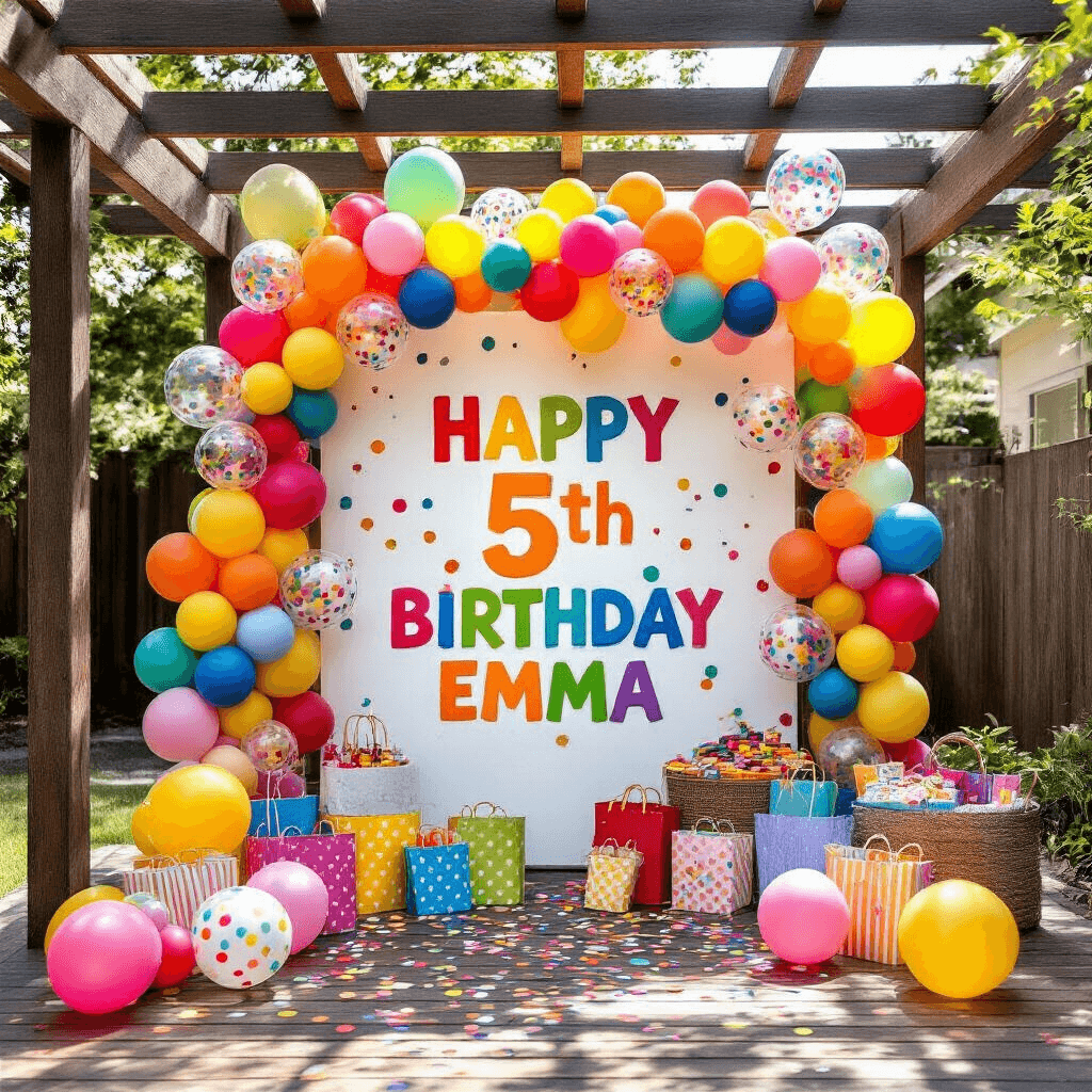 Welcome Sign with Balloon Garland: Your Complete Guide to Creating Show-Stopping Party Entrances Overhead shot of a vibrant children's birthday party entrance with a colorful balloon garland, a welcome sign reading 'Happy 5th Birthday Emma', and festive decorations including polka-dot balloons, streamers, and gift bags on a rustic wooden deck, all illuminated by bright sunlight.