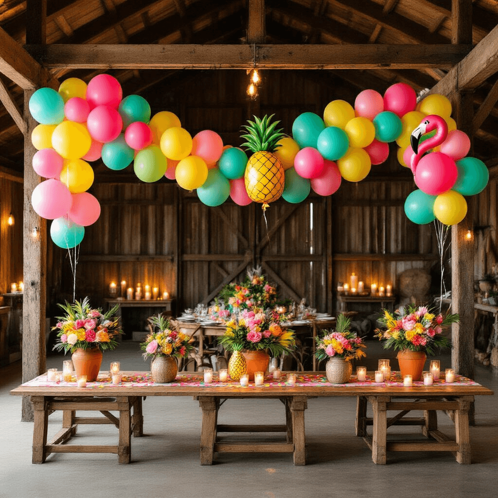 Balloon Decoration Styles That'll Make Your Birthday Party Absolutely Unforgettable Overhead view of a rustic barn venue decorated for a tropical-themed birthday party, featuring vibrant balloon garlands, colorful centerpieces in terracotta pots, and warm candlelight illuminating the space.