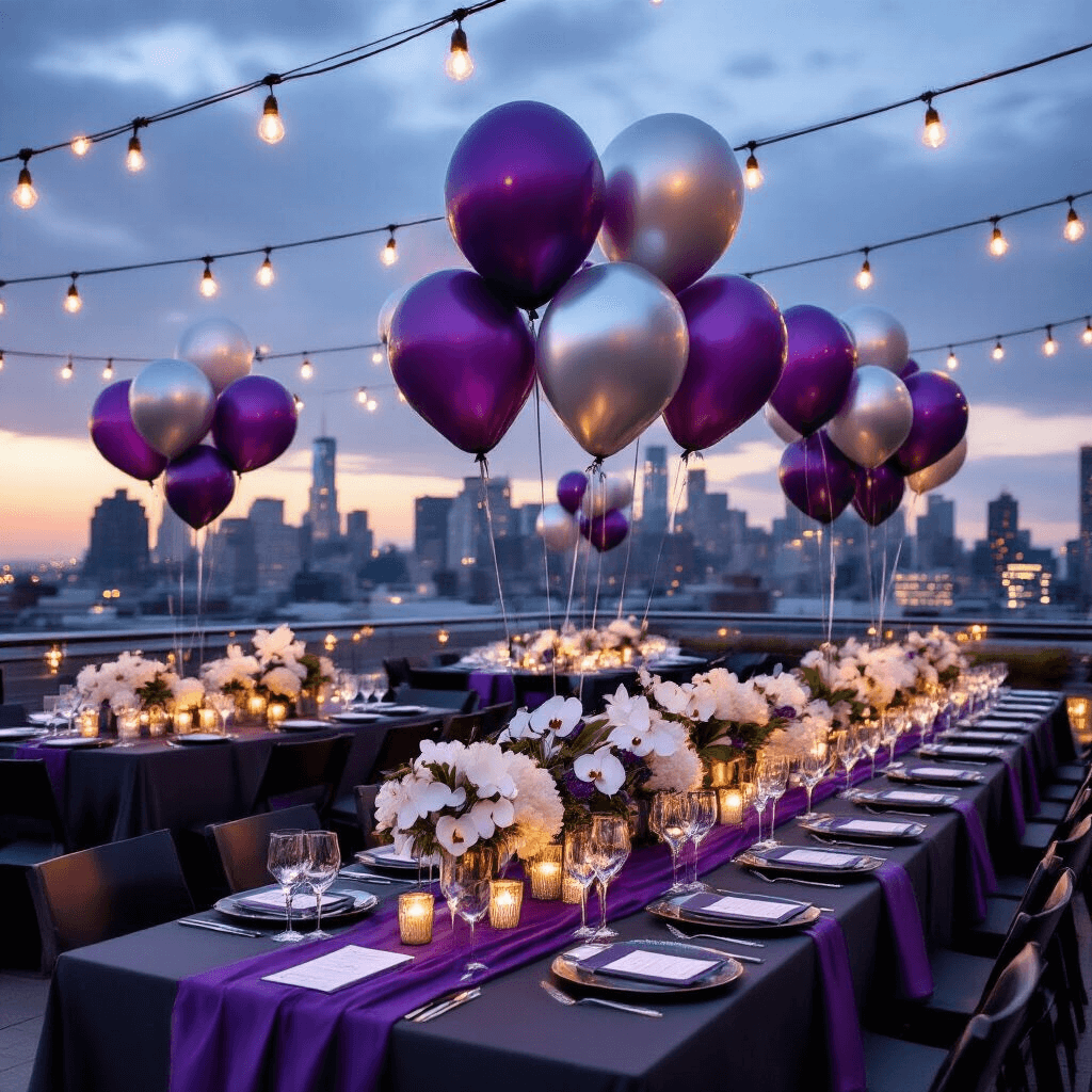 Purple Balloons: Everything You Need to Know About Choosing the Perfect Shade and Style Elegant graduation celebration on a rooftop terrace at night, featuring sophisticated deep violet and silver balloon installations, long tables with charcoal silk linens, elevated centerpieces of metallic purple balloons and white orchids, and a backdrop of an urban skyline enhanced by warm string lights.