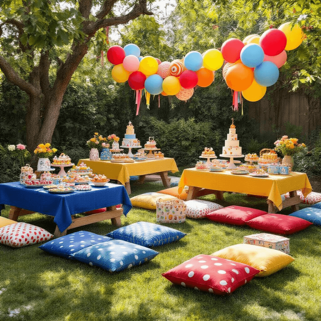Balloon Illustrations: Your Complete Guide to Finding the Perfect Digital Designs Overhead view of a whimsical children's party setup in a stylish backyard, featuring low picnic tables with vibrant primary-colored linens, oversized floor cushions, clusters of rainbow balloons, tiered birthday cakes on dessert carts, playful polka dot textiles, character-designed ceramic plates, DIY party favor bags, and festive streamers, all bathed in soft morning light with gentle shadows from nearby trees.