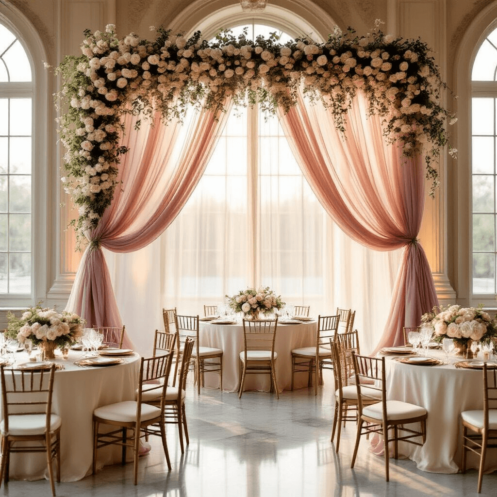 Backdrop Ideas Without Balloons: 15 Stunning Alternatives That'll Make Your Event Unforgettable Elegant indoor ballroom with dusty rose chiffon draped over an ornate arch, adorned with wisteria and white roses, illuminated by golden hour sunlight. Round tables with ivory linens and gold charger plates showcase blush peonies and eucalyptus centerpieces in crystal vases, complemented by champagne-toned velvet chiavari chairs and subtle fairy lights for a romantic ambiance.