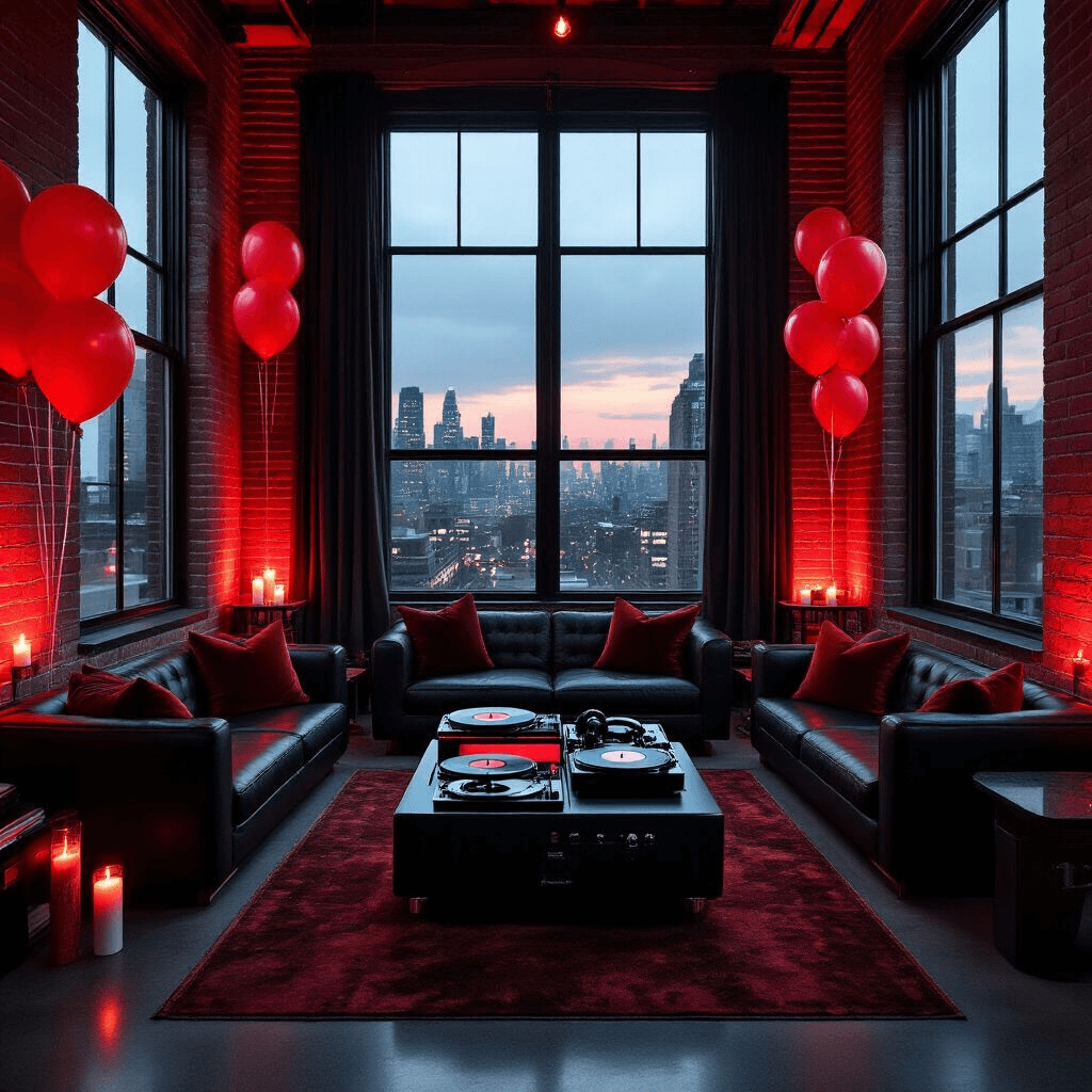 Transform Your Screen with House of Balloons Wallpapers: A Fan's Complete Guide An intimate evening listening party in a modern loft, featuring low black leather seating arranged around a vintage record player with The Weeknd's House of Balloons vinyl, illuminated by deep red LED strips and candlelight, with city lights visible through floor-to-ceiling windows and floating red balloons in the background.