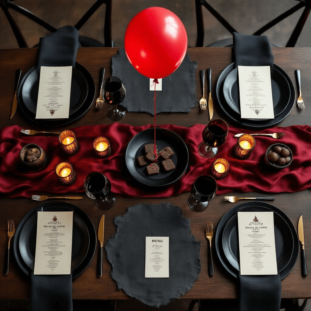 Transform Your Screen with House of Balloons Wallpapers: A Fan's Complete Guide Overhead shot of a sophisticated dinner party setup on a dark walnut table, featuring a centerpiece with a red balloon above black ceramic plates, matte black cutlery, a deep red silk table runner, charcoal linen napkins, and mercury glass votives. Each place setting includes custom menu cards with distressed typography, red wine glasses, artisanal dark chocolate desserts, raw edge black placemats, vintage brass accents, and scattered vinyl records, all illuminated by moody lighting and spotlighting the floating balloon for dramatic effect.