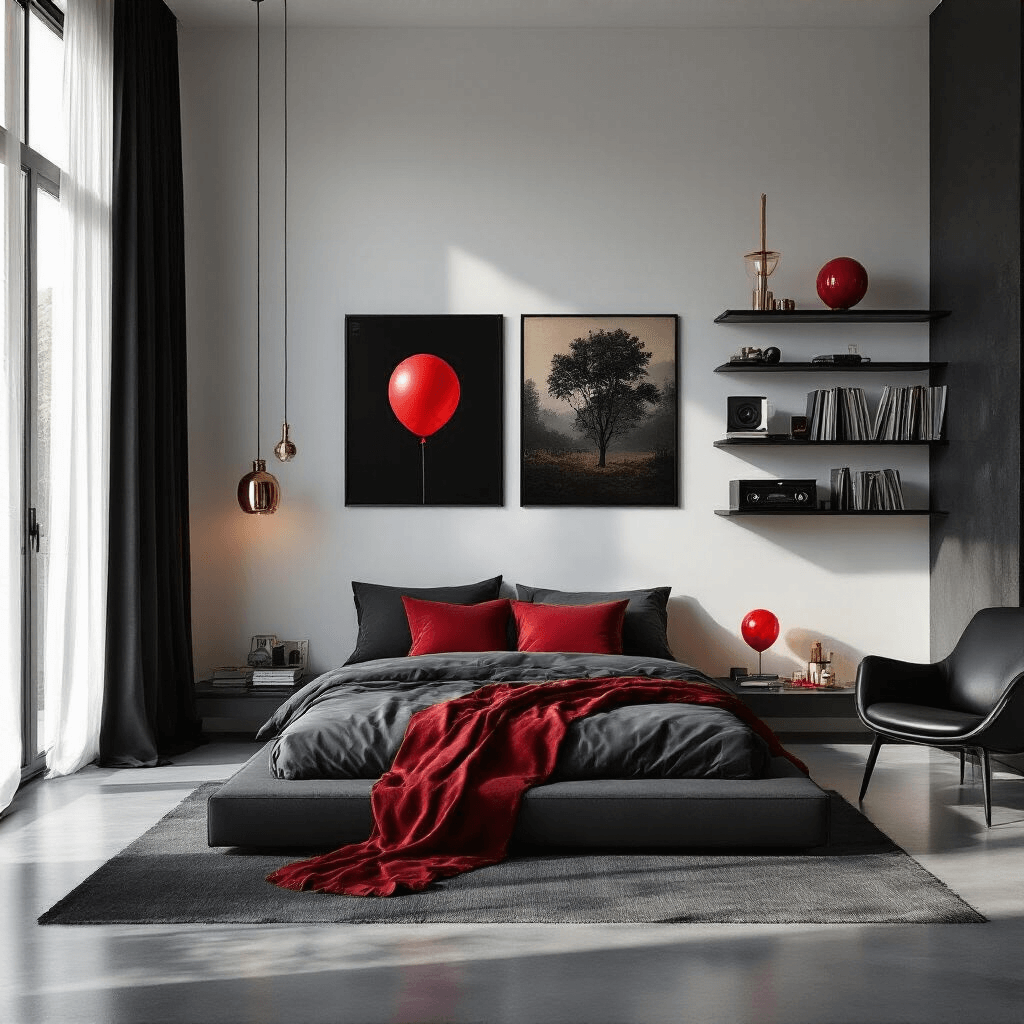 Transform Your Screen with House of Balloons Wallpapers: A Fan's Complete Guide A minimalist bedroom bathed in soft natural morning light, featuring sheer black curtains, walls adorned with House of Balloons album artwork in sleek frames, a low platform bed with charcoal gray linen bedding and deep red pillows, and polished concrete floors reflecting the light. The space includes a black leather accent chair, floating shelves with a vinyl collection, and carefully placed decorative elements like black ceramics and a brass desk lamp, creating a sophisticated and intimate atmosphere.