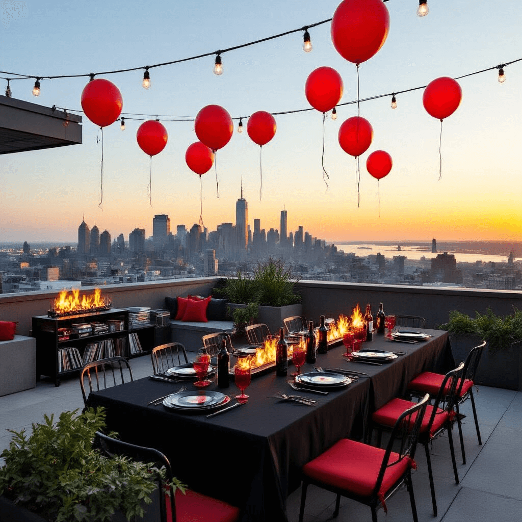 Transform Your Screen with House of Balloons Wallpapers: A Fan's Complete Guide A golden hour rooftop terrace gathering featuring a panoramic city skyline, with a long communal table draped in a black tablecloth adorned with floating red balloons, surrounded by industrial metal chairs. String lights illuminate the space as a modern fire pit provides warmth, complemented by red accent cushions. A bar cart displays premium spirits and vinyl records, with dark foliage in raw steel planters and a concrete floor enhancing the urban aesthetic.