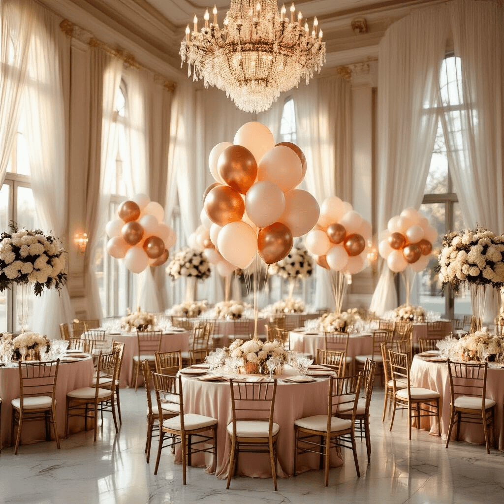 15 Balloons: Everything You Need to Know About Picking, Styling, and Celebrating With These Party Essentials Elegant indoor ballroom during golden hour, featuring blush pink silk-draped round tables with cream and rose gold balloon centerpieces, crystal chandeliers casting warm light on marble floors, tall floral arrangements of white peonies and eucalyptus, gold-rimmed glassware, and delicate place cards, all framed by sheer ivory drapery and soft shadows, creating a luxurious yet intimate atmosphere.