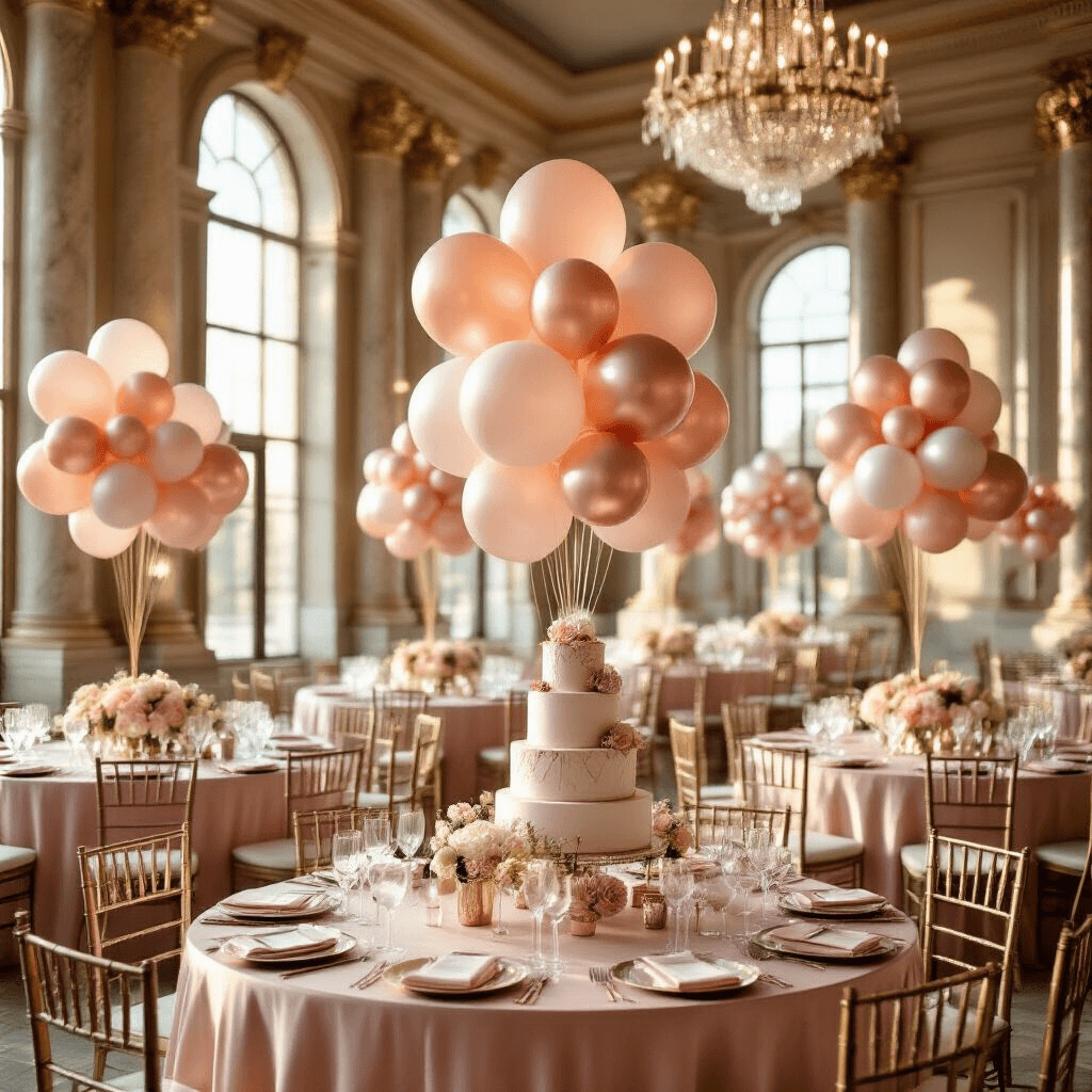 Every 40th Birthday Balloon Option You Actually Need (Without the Party Store Overwhelm) A photorealistic shot of an elegant indoor ballroom during golden hour, featuring a sophisticated 40th birthday celebration with blush pink silk table linens, towering balloon bouquets, a stunning dessert table, and marble columns, all illuminated by natural light.
