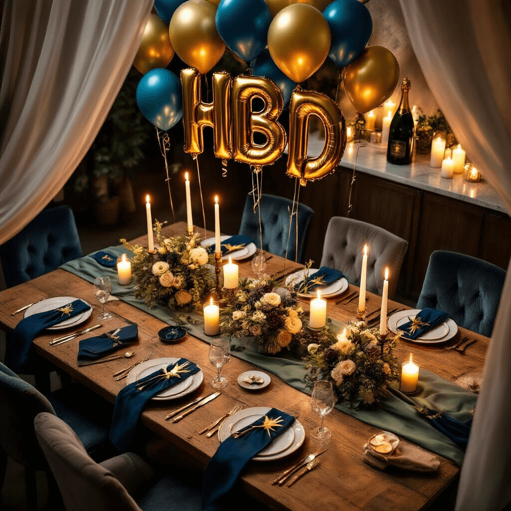 Every 40th Birthday Balloon Option You Actually Need (Without the Party Store Overwhelm) Cinematic overhead view of a rustic dining nook for a 40th birthday, featuring a wooden table set for six with sage green silk runners, navy blue napkins with gold accents, and chrome balloon clusters. Foil letter balloons spell 'HBD' above custom place settings, surrounded by velvet chairs and warm candlelight illuminating fresh florals and metallic star balloons, with a champagne bottle-shaped balloon display in the background and sheer drapery framing the scene.