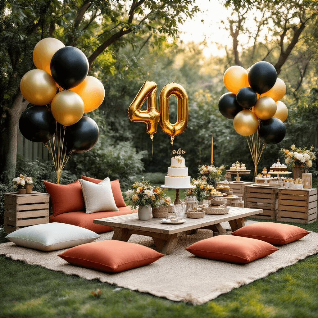 Every 40th Birthday Balloon Option You Actually Need (Without the Party Store Overwhelm) A stylish backyard celebration in soft morning light for a 40th birthday party, featuring low wooden tables, terracotta and cream floor cushions, balloon arrangements, custom party favors on vintage crates, and a dessert cart with a tiered cake.