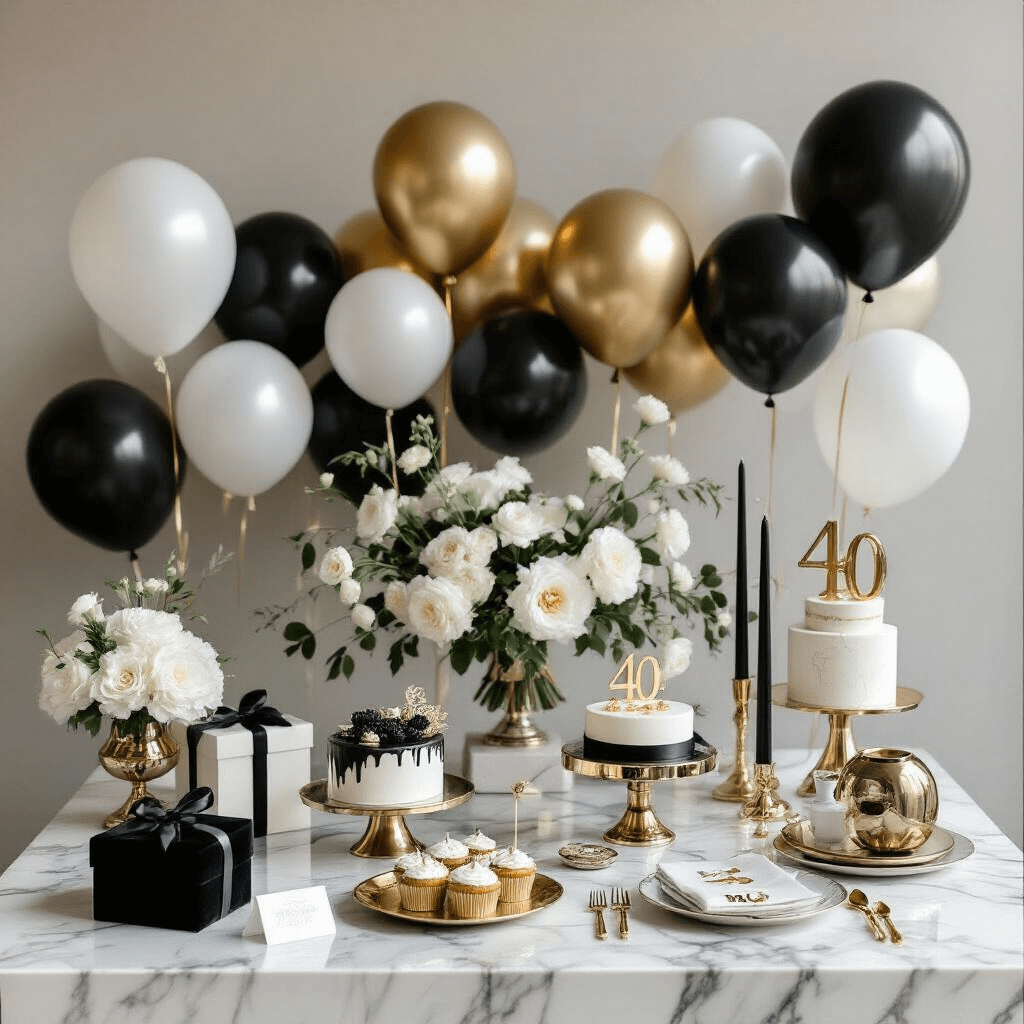 Every 40th Birthday Balloon Option You Actually Need (Without the Party Store Overwhelm) Flat lay of a luxe minimal 40th birthday celebration setup featuring marble surfaces adorned with uninflated black, white, and gold foil balloons, silk ribbons, custom cake toppers, elegant place cards, chrome balloon weights, and a centerpiece of fresh white florals in ceramic vessels, all captured under soft studio lighting.