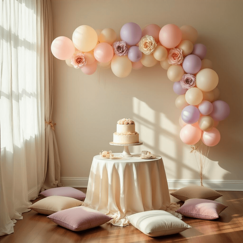 How to Stick Balloons to a Wall Without Losing Your Mind (Or Your Security Deposit) An intimate birthday party scene featuring pastel balloon clusters, golden hour sunlight filtering through sheer curtains, a tiered vanilla cake adorned with buttercream roses on a small round table, and velvet cushions arranged for seating on hardwood floors.