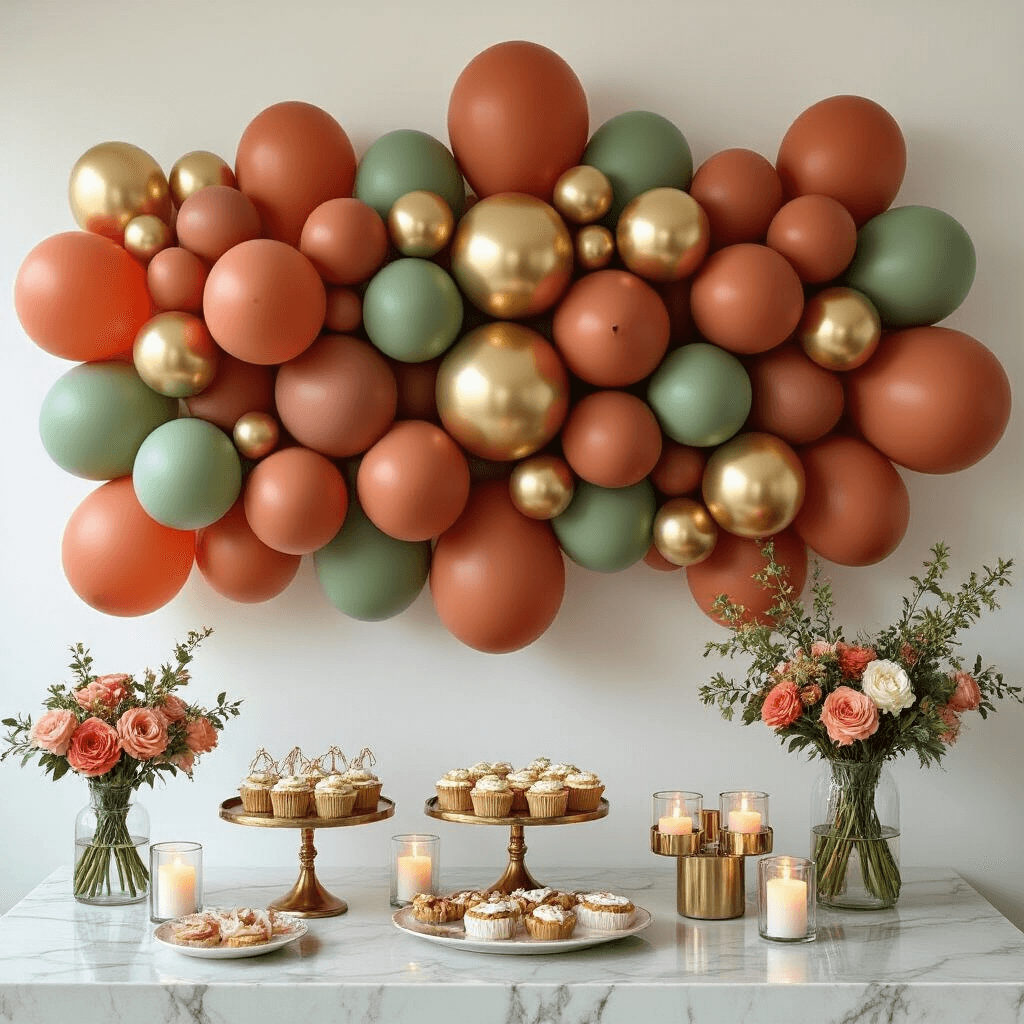 How to Stick Balloons to a Wall Without Losing Your Mind (Or Your Security Deposit) Overhead view of a modern apartment party setup featuring a terracotta, sage green, and gold balloon wall backdrop, elegant dessert cart on a marble countertop, candlelit ambiance, and fresh florals in ceramic vases, all styled for a sophisticated dinner party.