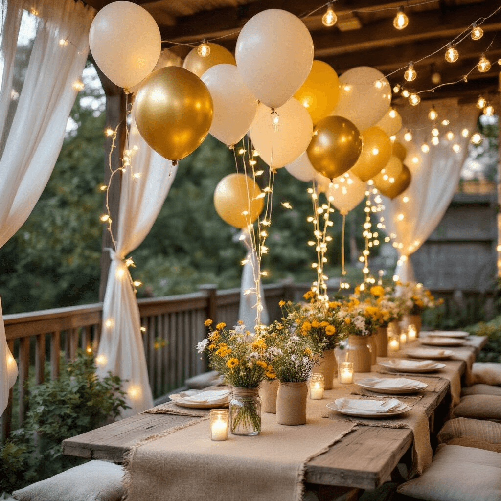 How to Stick Balloons to a Wall Without Losing Your Mind (Or Your Security Deposit) Close-up of a whimsical garden party balloon installation with ivory, gold, and soft yellow balloons intertwined with fairy lights on a cozy covered patio, featuring rustic wooden tables adorned with mason jar wildflower centerpieces, sheer drapery, string lights, and picnic-style seating, evoking an enchanted atmosphere.