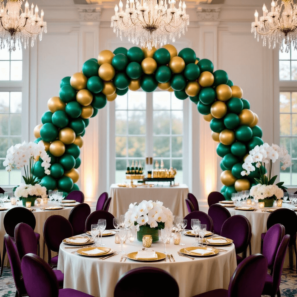 How to Stick Balloons to a Wall Without Losing Your Mind (Or Your Security Deposit) Elegant indoor ballroom celebration featuring a dramatic jewel-toned balloon arch, crystal chandeliers, silk-draped tables with gold accents, and fresh orchid centerpieces, all set in a luxurious atmosphere with soft evening lighting.
