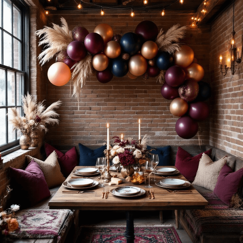How to Stick Balloons to a Wall Without Losing Your Mind (Or Your Security Deposit) Cozy intimate dining nook decorated for celebration with deep burgundy, navy, and rose gold balloons on exposed brick walls, candles casting dramatic light on a low wooden table set with vintage ceramic plates and copper flatware, surrounded by layered Persian rugs and floor cushions in jewel tones, with fairy lights and fresh florals enhancing the atmosphere.