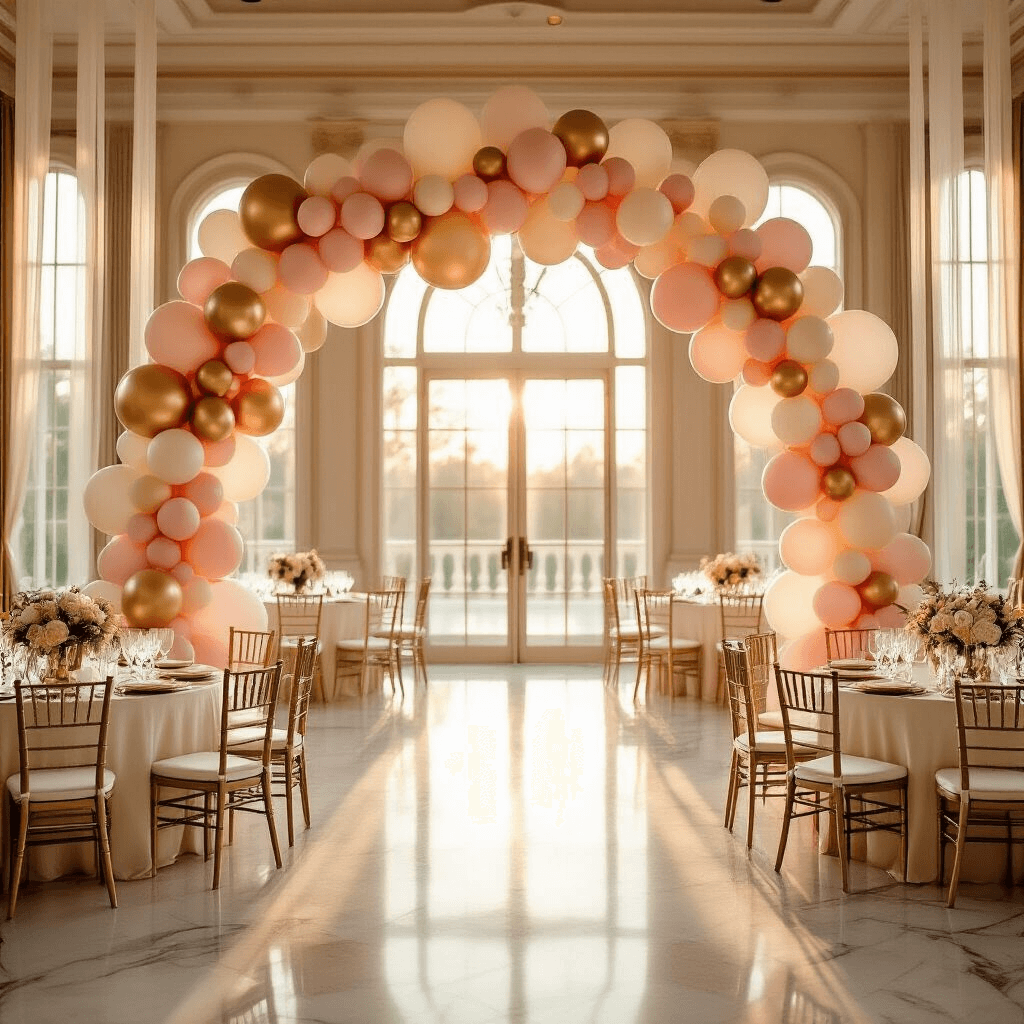 Birthday Balloon Decorations That'll Make Your Party Absolutely Unforgettable Elegant indoor ballroom during golden hour featuring a stunning blush pink, cream, and metallic gold organic balloon arch framing the entrance, with natural sunlight streaming through windows, round tables with ivory linens and gold chairs, and guests taking photos beneath the arch.