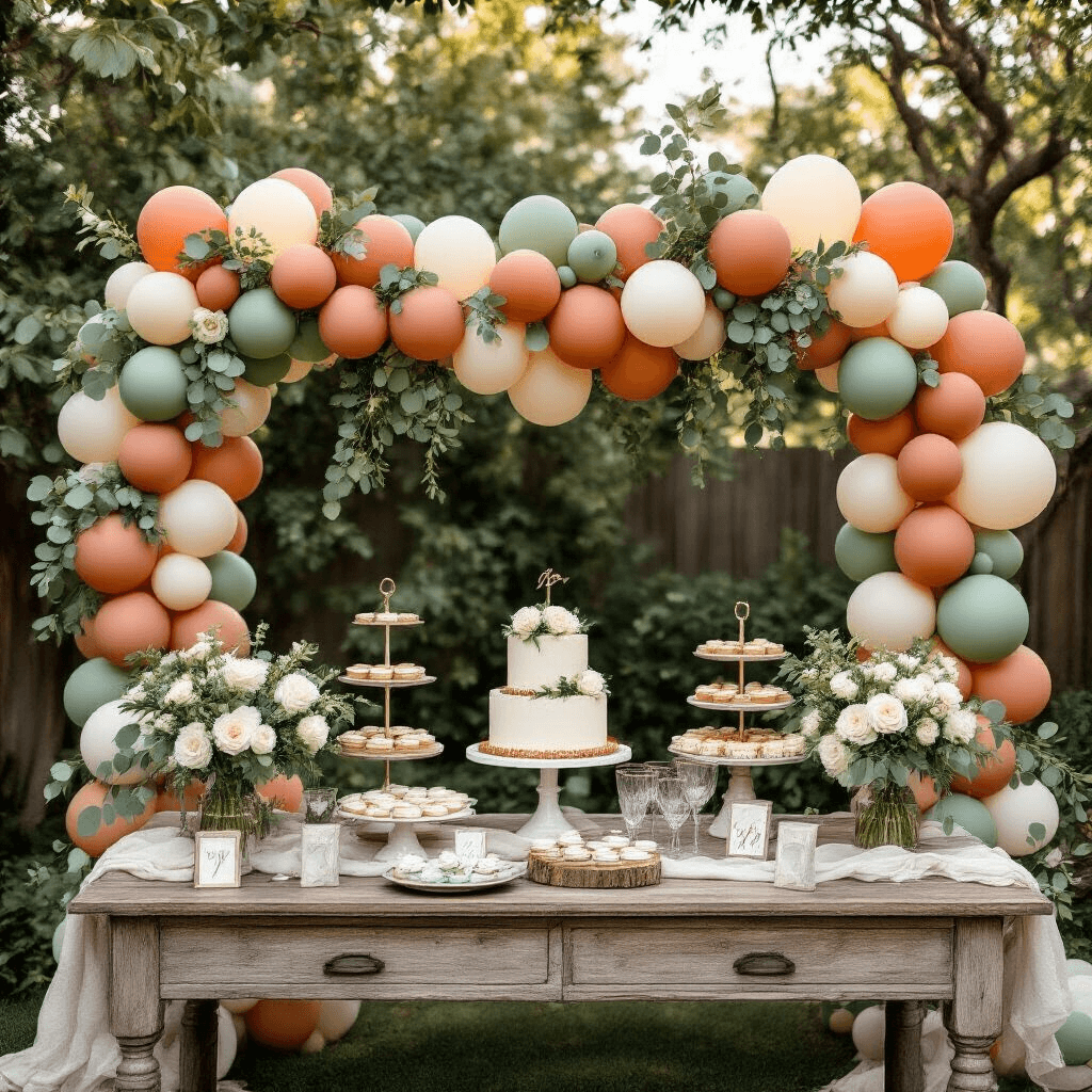Birthday Balloon Decorations That'll Make Your Party Absolutely Unforgettable Overhead shot of a beautifully arranged backyard garden party setup featuring a rustic wooden dessert table adorned with a balloon garland in sage green, terracotta, and cream, accented with fresh eucalyptus and white roses, surrounded by tiered cake stands, vintage glassware, and personalized favors, all illuminated by soft morning light.