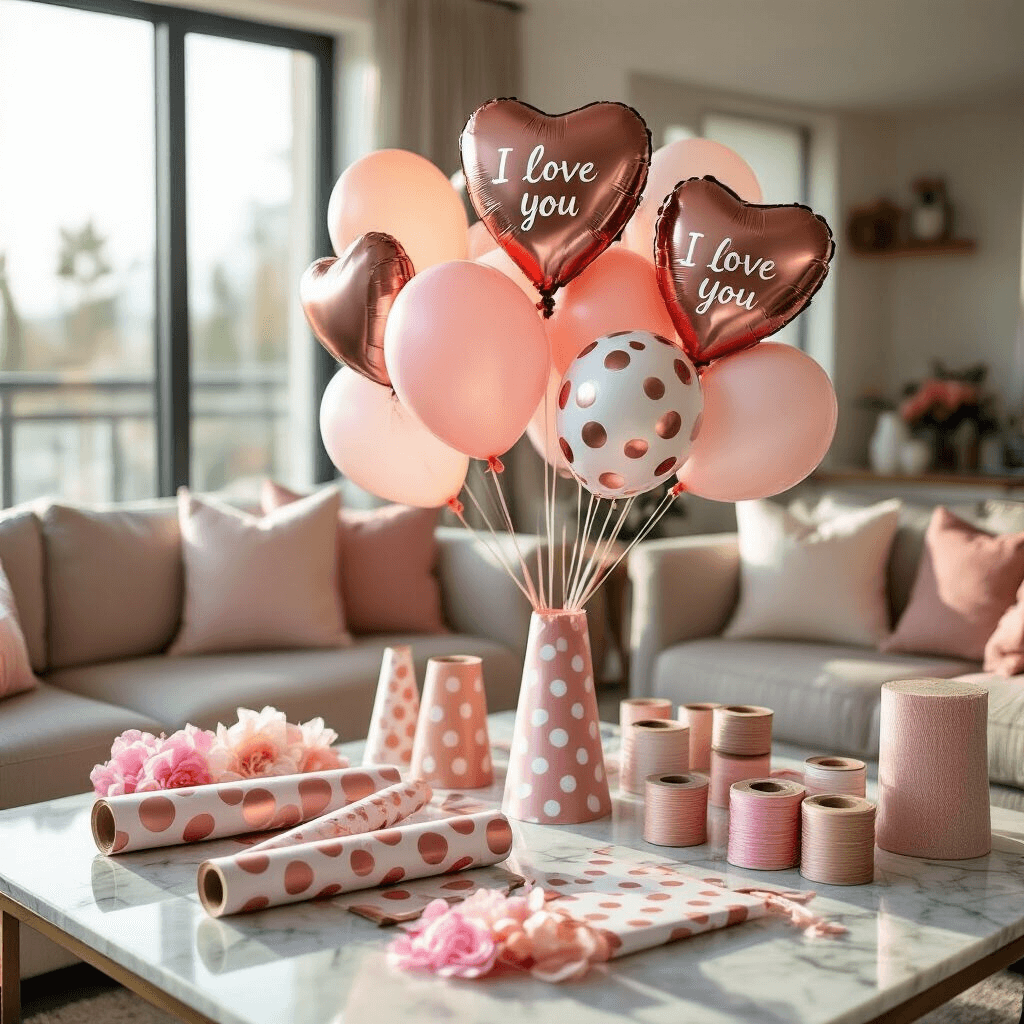 Valentine's Day Balloons: Your Complete Guide to Creating Heart-Stopping Romantic Decor A close-up of a DIY balloon bouquet station in a modern living room, featuring a marble coffee table with rolled poster cones, metallic rose gold wrapping paper, balloon sticks, inflated heart-shaped and polka-dotted balloons, and coordinating balloon weights, all illuminated by soft morning light.