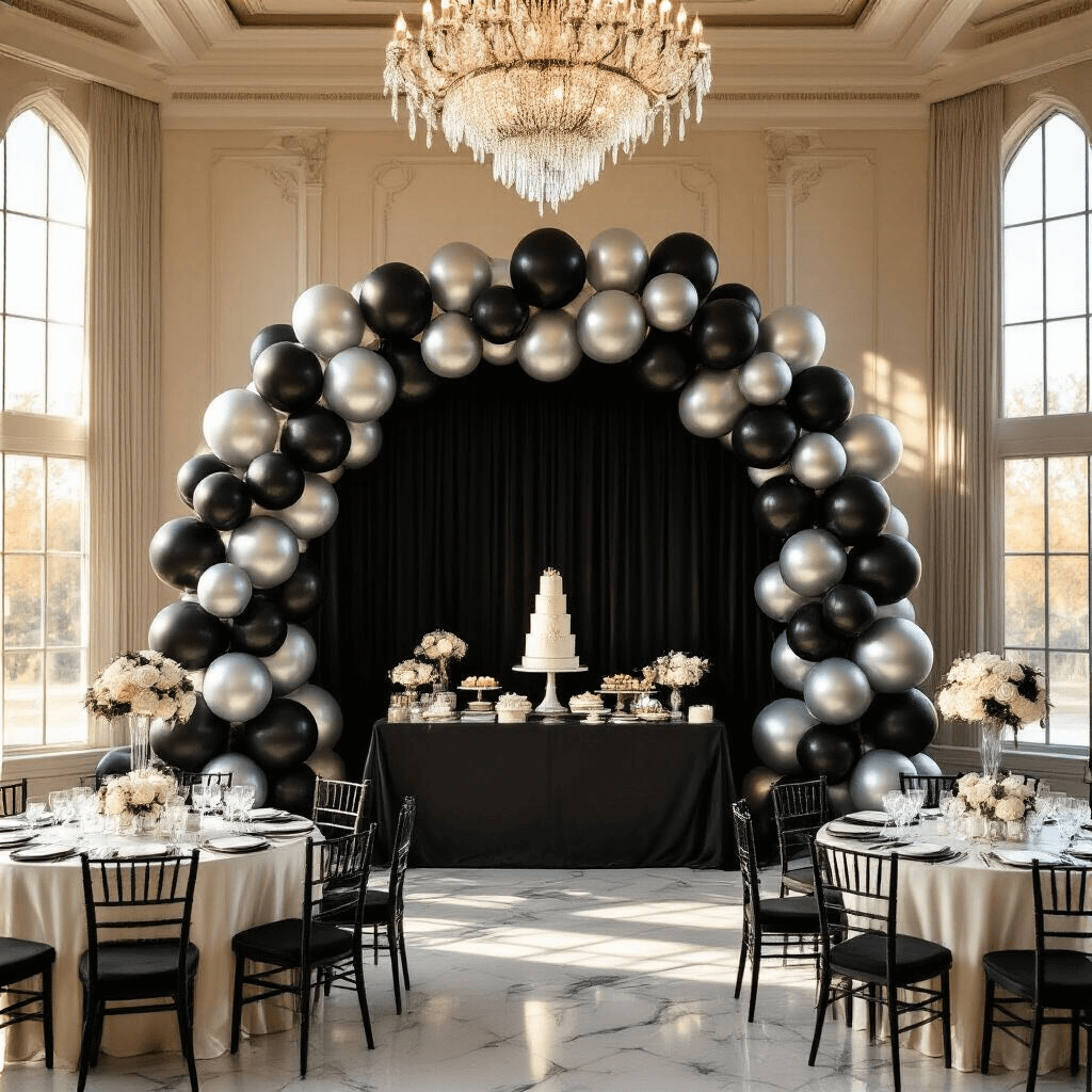 Black and Silver Balloons: Transform Any Party Into Something Special Wide-angle shot of an elegant ballroom at golden hour, featuring a 12-foot black and silver balloon arch behind a dessert table, with round tables draped in silk ivory linens and low balloon centerpieces, illuminated by crystal chandeliers and natural sunlight streaming through tall windows.