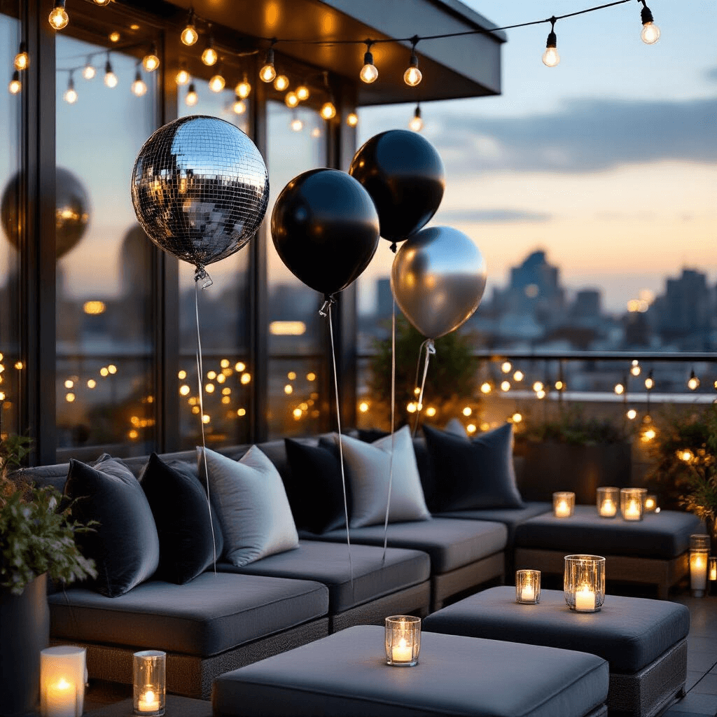 Black and Silver Balloons: Transform Any Party Into Something Special Close-up of a stylish rooftop terrace at twilight, featuring corner cluster balloon arrangements with metallic chrome and matte black balloons, warm amber string lights, charcoal gray velvet cushions, and sheer silver drapery, all creating an intimate atmosphere enhanced by the interplay of artificial and natural light.