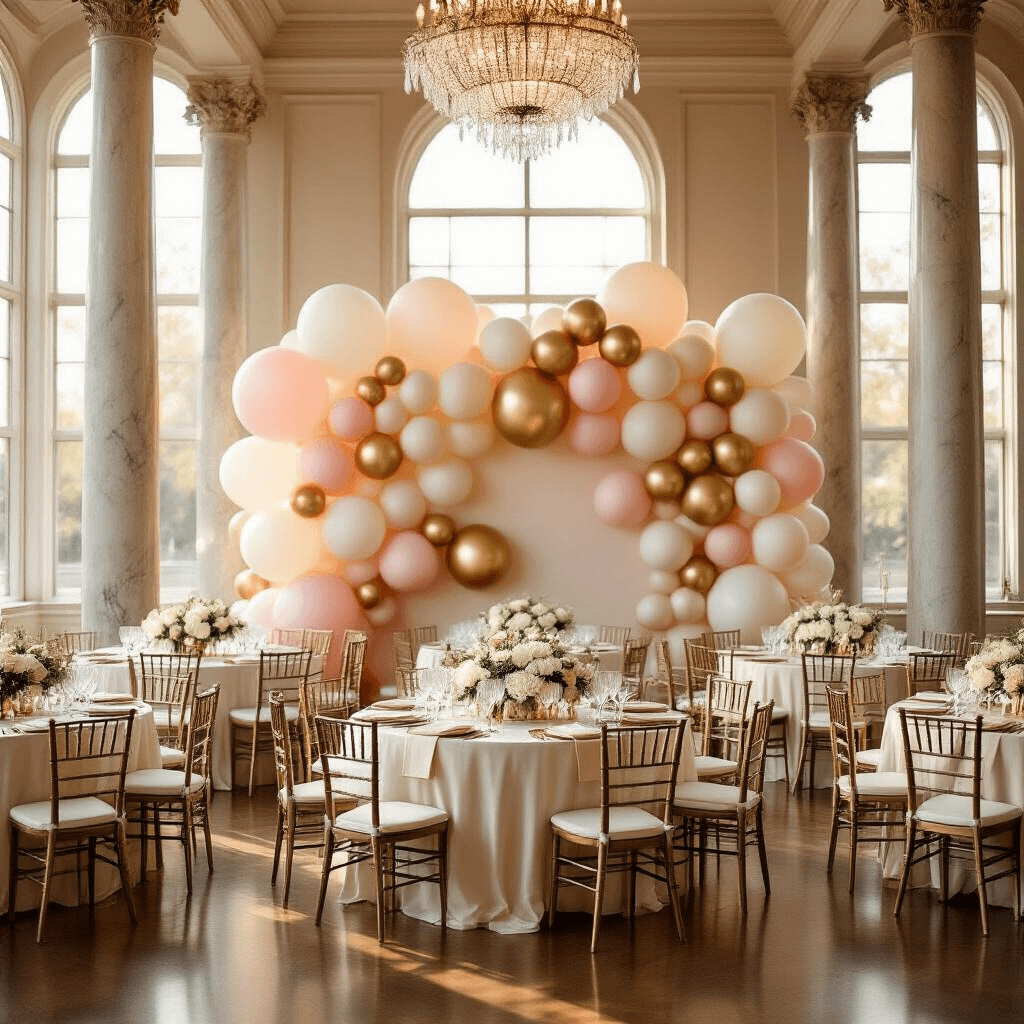 Balloon Photography: How I Learned to Capture Explosive Moments and Floating Giants Cinematic wide-angle shot of an elegant indoor ballroom at golden hour, featuring a sophisticated balloon wall backdrop in blush pink, cream, and gold. Round tables with ivory silk linens and floral centerpieces surround the space, illuminated by crystal chandeliers and soft natural light, as guests in evening attire admire the luxurious setting.