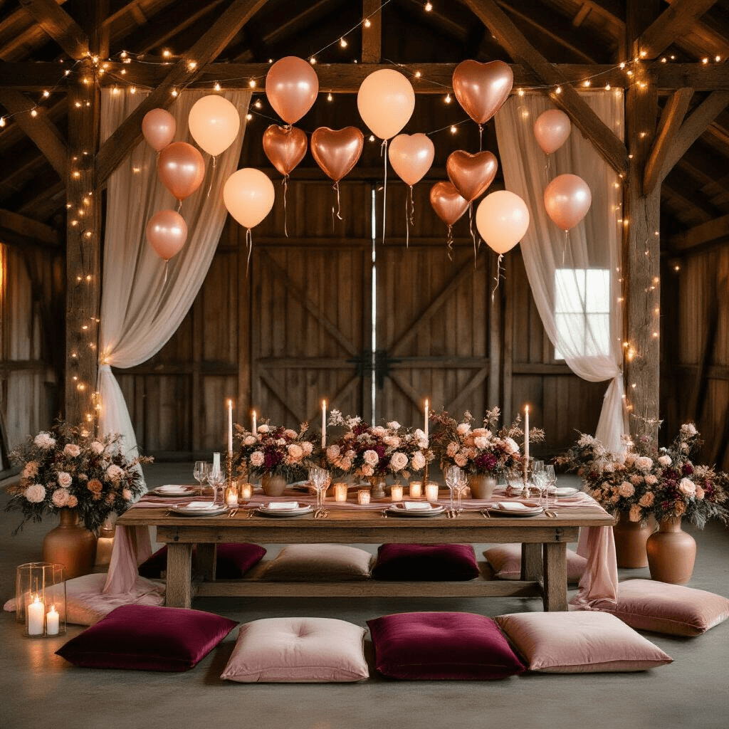 Why Engagement Party Balloons Still Make or Break Your Celebration (And How to Get Them Right) Overhead flat lay of an intimate engagement party in a rustic barn, featuring a low wooden table with blush velvet cushions, floating LED balloons, and a burgundy and champagne color palette, accented by candles, rose gold balloons, and fresh florals, creating a romantic, candlelit atmosphere.