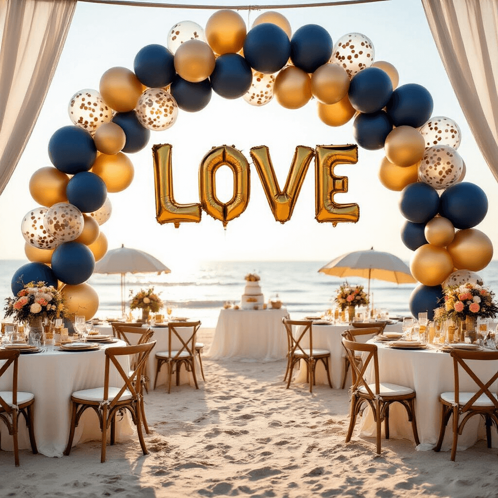 Why Engagement Party Balloons Still Make or Break Your Celebration (And How to Get Them Right) Close-up of a whimsical beachfront engagement party featuring a playful balloon arch, round tables with white linens and gold charger plates, floral centerpieces, and 'LOVE' letter balloons, all illuminated by soft morning light with waves in the background.