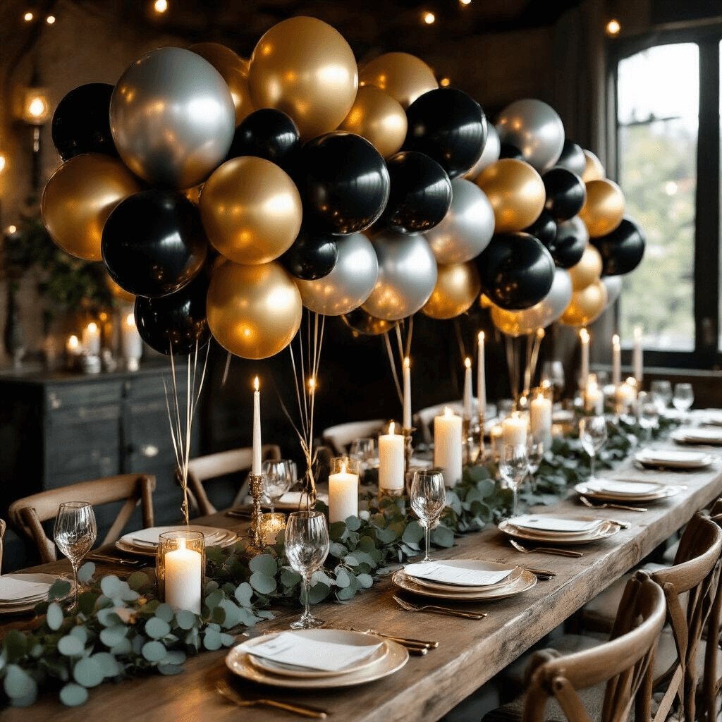 Balloon Magic for a 60th Birthday That Won't Make You Feel Old Overhead shot of a candlelit dining room for a 60th birthday, featuring a rustic wood table with gold-rimmed glassware, cream plates, and a dramatic balloon centerpiece in black, silver, and gold, surrounded by eucalyptus garland and pillar candles, all in a moody, intimate ambiance.