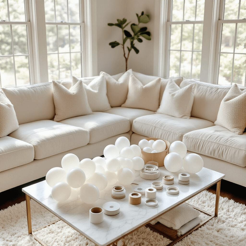 White Balloons: Everything I've Learned About Choosing and Using Them for Stunning Celebrations Flat lay of a cozy living room setup for a communion reception, featuring organized piles of white balloons, a hand pump, balloon tape strips, and glue dots on a marble coffee table. Sunlight highlights a velvet sofa and shag rug, with inflated balloon clusters and eucalyptus garland ready for assembly.