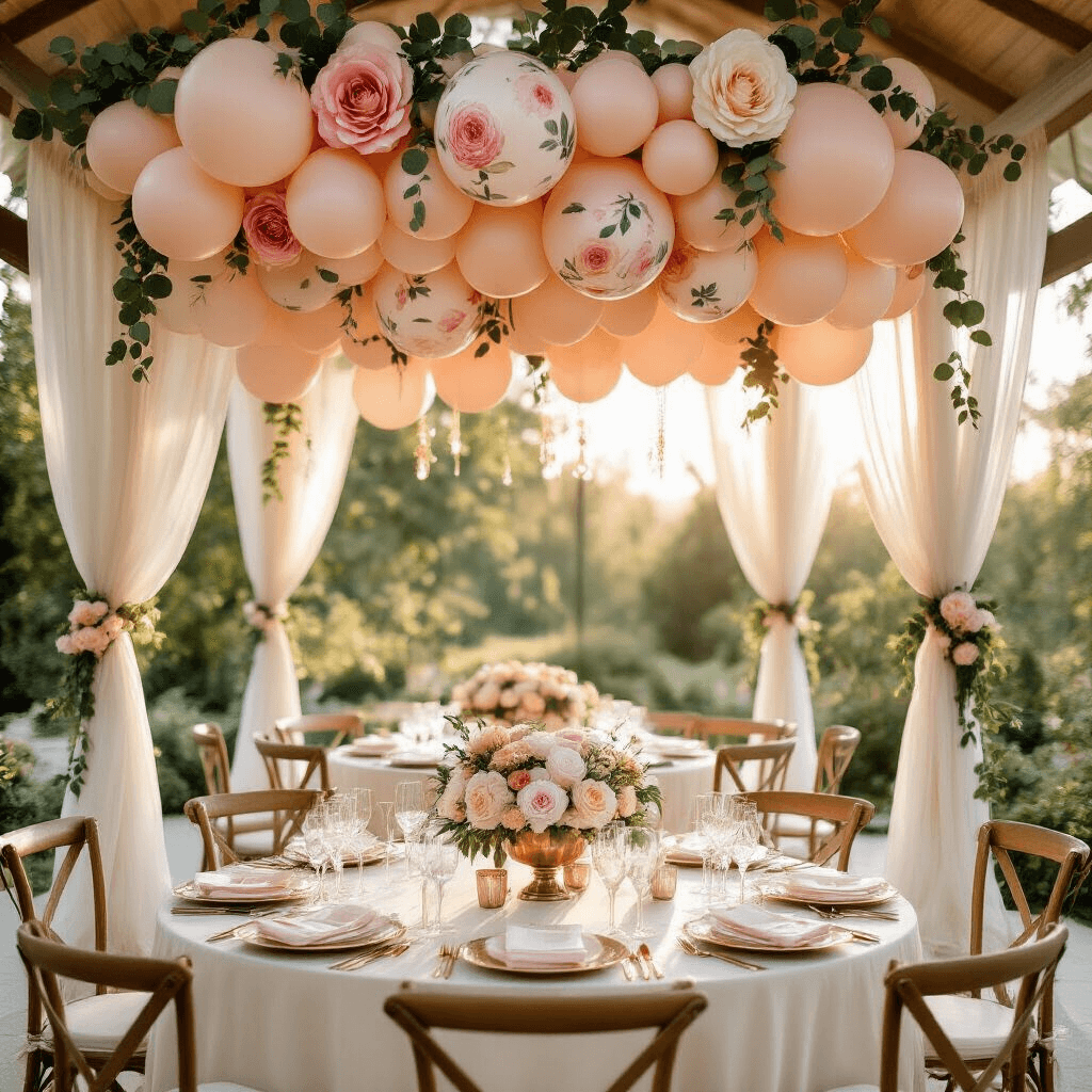 Floral Balloons: Everything You Need to Know About These Gorgeous Party Essentials Wide-angle shot of a chic bridal shower in a sunlit garden pavilion, featuring a floral balloon installation, elegant table settings with blush and cream accents, and twinkling fairy lights.