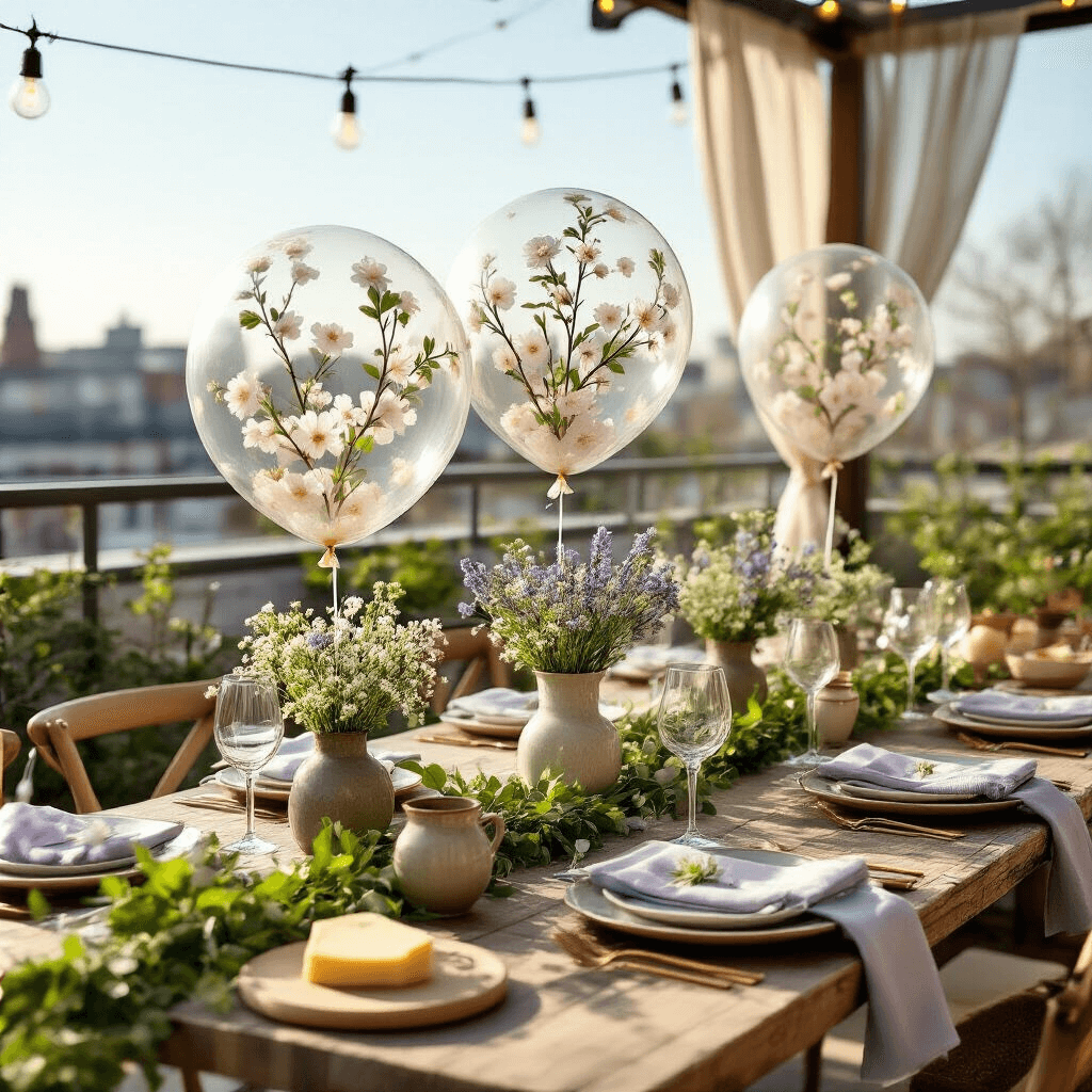 Floral Balloons: Everything You Need to Know About These Gorgeous Party Essentials Close-up of an elegant spring brunch table setting on a rooftop terrace, featuring floral balloon centerpieces, rustic wooden table, ceramic vessels, vintage brass flatware, and delicate linens, all illuminated by ambient string lights and dappled sunlight.