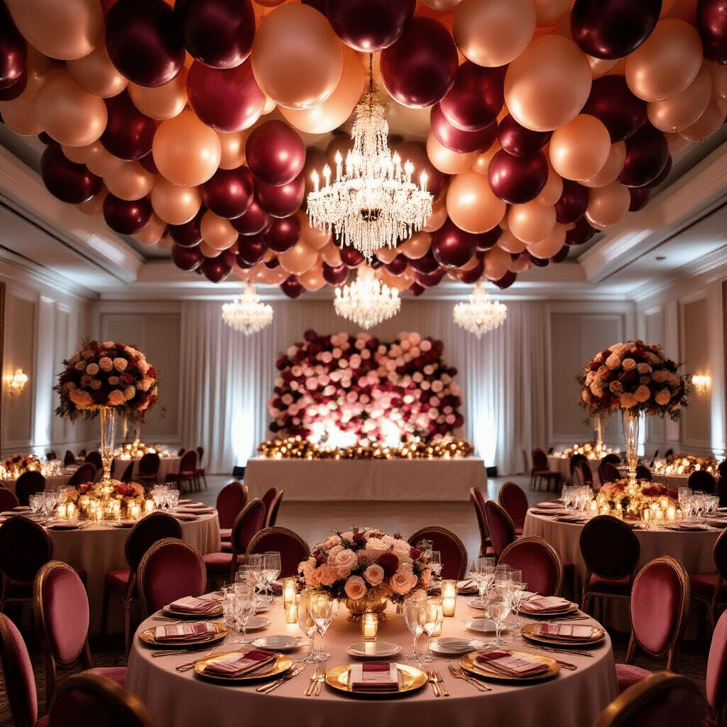 Floral Balloons: Everything You Need to Know About These Gorgeous Party Essentials Luxurious indoor wedding reception with a dramatic floral balloon ceiling, featuring burgundy, blush, and ivory foil balloons over elegantly dressed round tables, crystal chandeliers, velvet chairs, and a stunning sweetheart table backdrop with an ombre balloon flower wall.