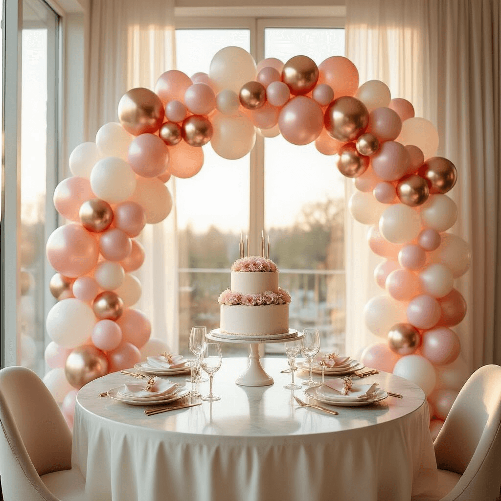 Pink and White Balloons for Party Decorations: Your Complete Guide to Creating Instagram-Worthy Celebrations A beautifully decorated indoor birthday celebration featuring a 12-foot elegant balloon garland arch in blush pink, rose, and pearl white hues, with a three-tiered white cake adorned with pink roses on a marble-top table, accented by cream silk linens and rose gold cutlery, all illuminated by golden hour sunlight.