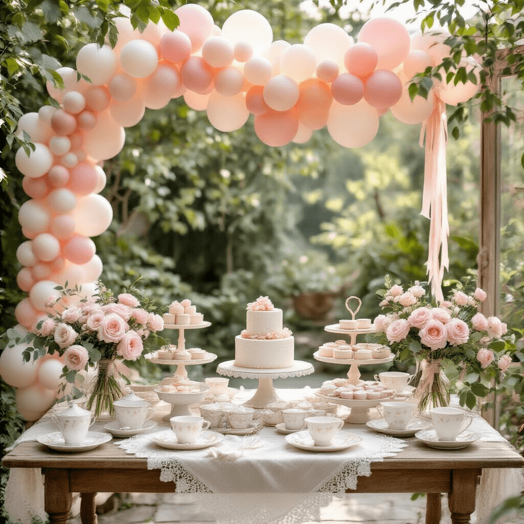 Pink and White Balloons for Party Decorations: Your Complete Guide to Creating Instagram-Worthy Celebrations A whimsical baby shower scene in a garden terrace, featuring a pink balloon garland, rustic dessert table with white ceramics, hand-lettered rose gold signage, silk ribbon streamers, pearl white balloons with eucalyptus, vintage lace table runners, and pink peony centerpieces, all bathed in soft morning light.