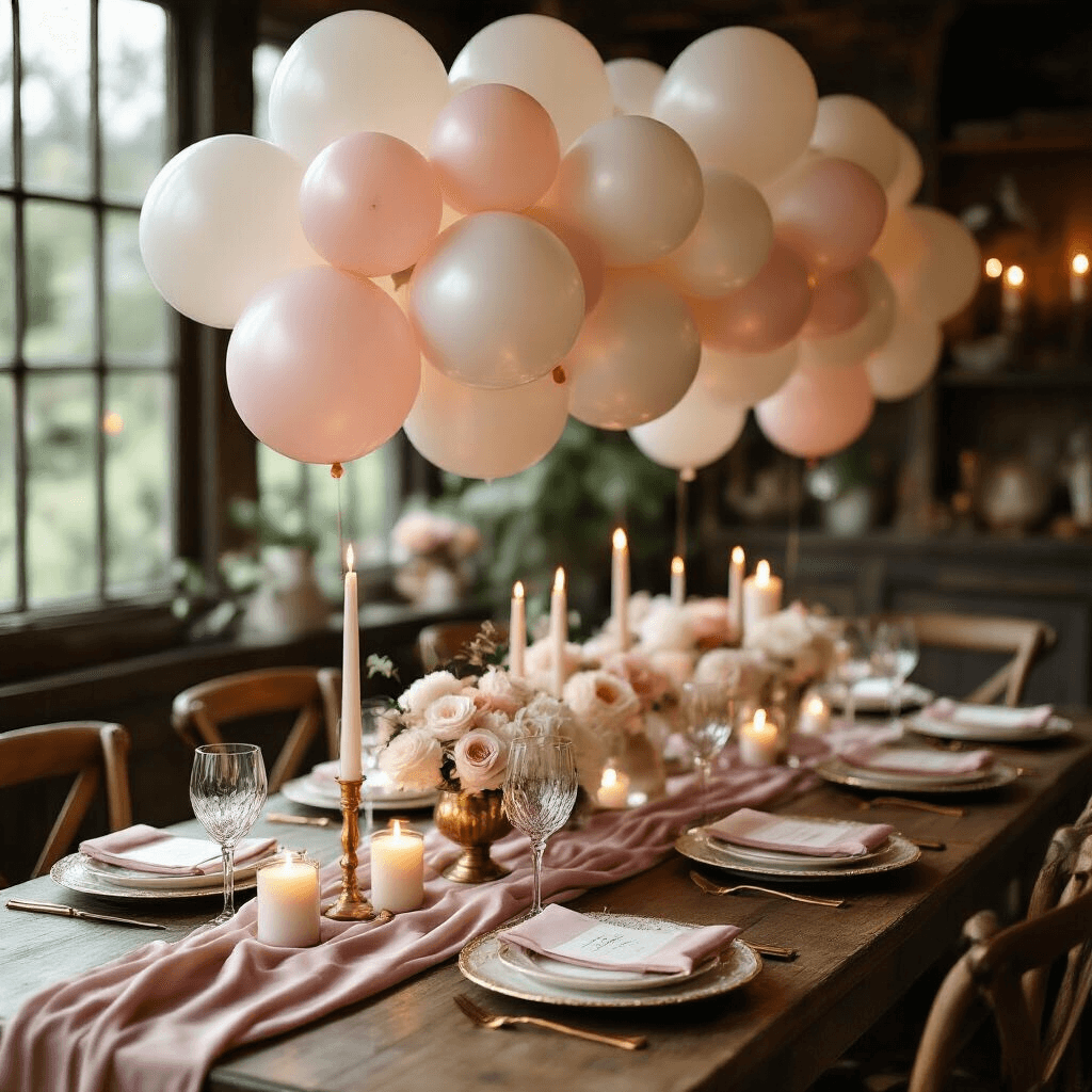 Pink and White Balloons for Party Decorations: Your Complete Guide to Creating Instagram-Worthy Celebrations Intimate bridal shower tablescape featuring pearl white and blush pink balloon arrangements, candlelit ambiance, gold-rimmed glassware, hand-calligraphed place cards, and elegant china on a vintage wooden table.