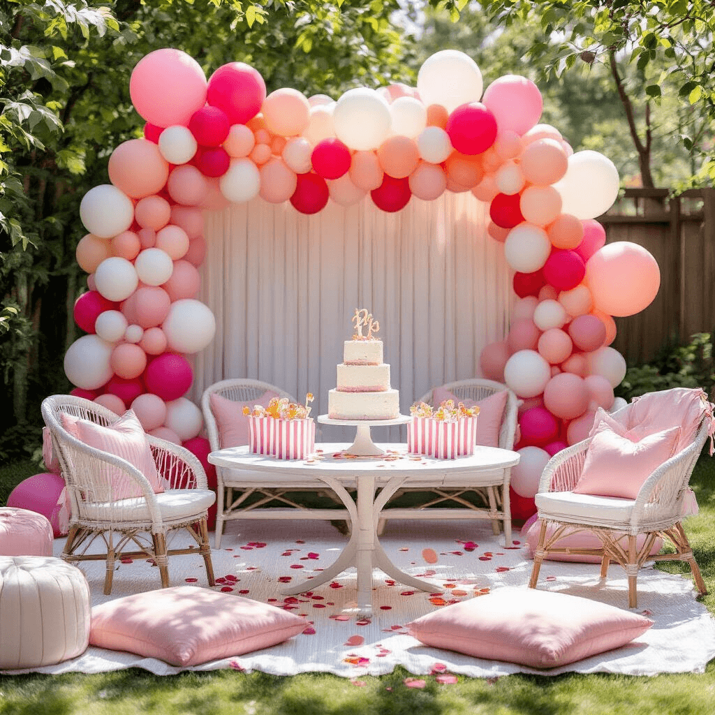 Pink and White Balloons for Party Decorations: Your Complete Guide to Creating Instagram-Worthy Celebrations A vibrant children's first birthday party in a stylish backyard featuring an elaborate pink and white balloon installation, a two-tiered birthday cake on a round table, coordinating party favors, rose gold confetti, a personalized high chair, and cozy picnic-style seating, all illuminated by natural sunlight and string lights.