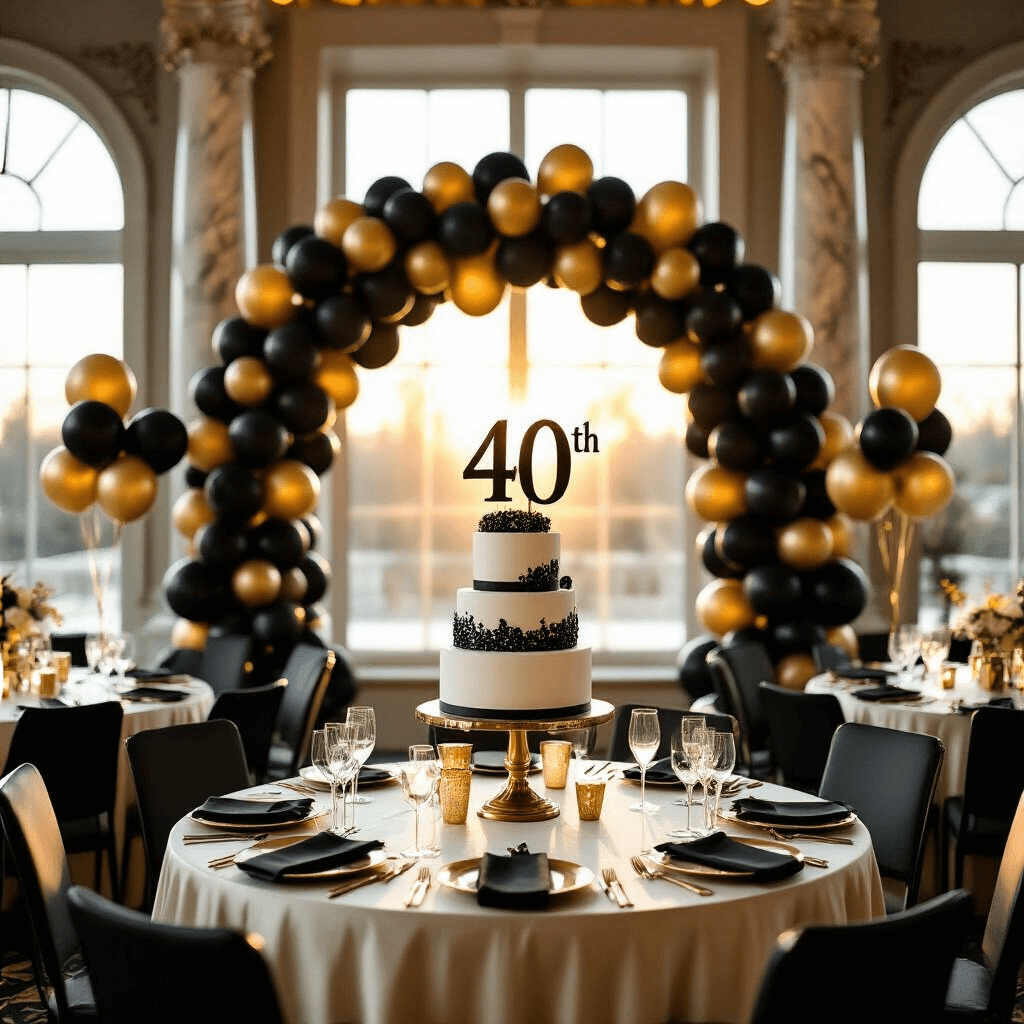 Black Balloons: The Ultimate Guide to Styling Your Next Event Like a Pro A luxurious 40th birthday celebration in an elegant ballroom, featuring a black and gold balloon arch, round tables with ivory silk linens, and black latex balloon centerpieces with gold confetti. Soft sunlight illuminates the scene, highlighting champagne glasses, marble pillars adorned with black balloon garlands, and a tiered birthday cake on a gold pedestal. Velvet chairs and crystal chandeliers enhance the upscale atmosphere.