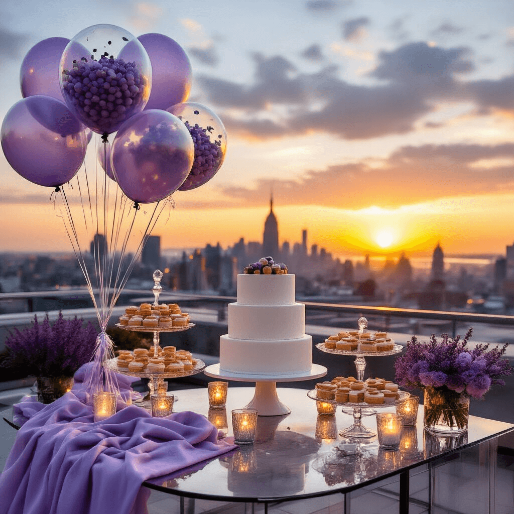 Bobo Balloons: Everything You Need to Know About These Show-Stopping Party Decorations Moody rooftop terrace at golden hour featuring an elegant dessert station with a three-tier white marble cake stand, surrounded by clear bobo balloons filled with lavender and silver confetti, reflecting the city skyline and sunset light, enhanced by LED lights and luxurious table decor.