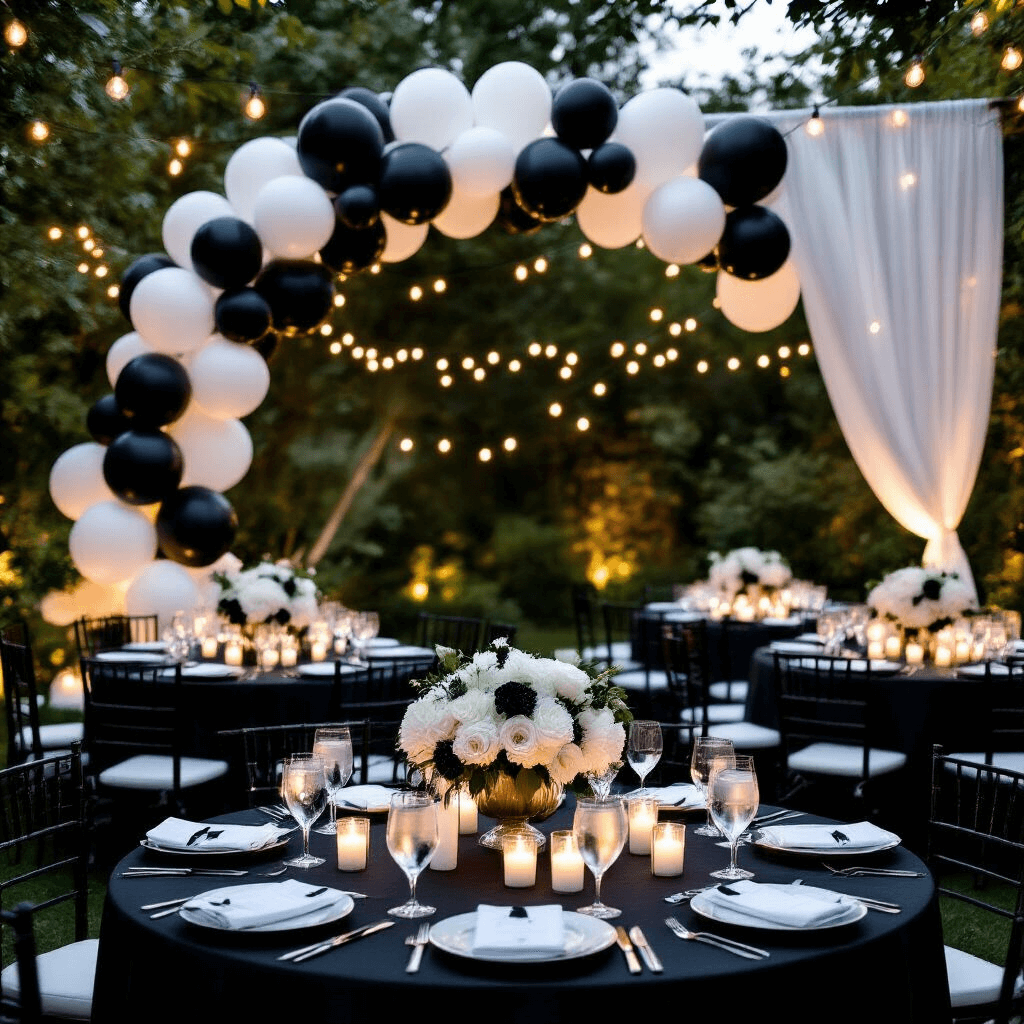 Black Balloons: The Ultimate Guide to Styling Your Next Event Like a Pro An elegant modern wedding reception setup in a garden at night, featuring a dramatic black and white balloon garland, low round tables with black silk runners, white ceramic centerpieces, and clusters of black balloons. The scene is illuminated by soft string lights and white pillar candles, with fresh white florals and sheer white drapery adding to the romantic atmosphere.