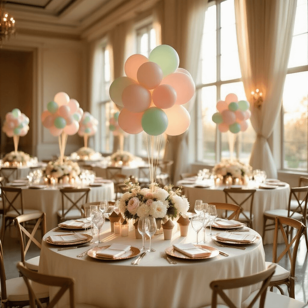 Ice Cream Balloons: The Sweetest Party Decoration You Can Actually Pull Off Elegant indoor ballroom bathed in golden hour light, featuring round tables with DIY ice cream balloon centerpieces in pastel colors, ivory silk linens, rose gold place settings, and ambient candlelight, all complemented by polished marble floors and sheer drapery.