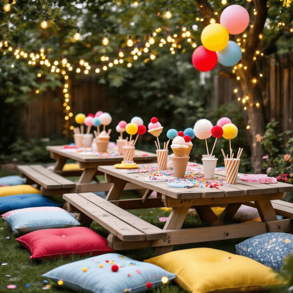 Ice Cream Balloons: The Sweetest Party Decoration You Can Actually Pull Off Close-up of a whimsical children's birthday party with low picnic tables and colorful floor cushions, featuring DIY ice cream balloon centerpieces, vintage milk bottles with striped straws, and fairy lights illuminating the scene in bold primary colors.