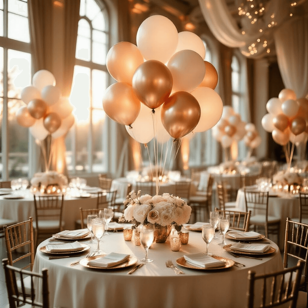 Everything You Need to Know About 17-Inch Balloons for Your Next Celebration Elegant indoor ballroom celebration during golden hour, featuring ivory silk-draped tables with rose gold and pearl white balloons, crystal glassware, gold-rimmed plates, orchid arrangements, and fairy lights, all under soft sunlight streaming through tall windows.