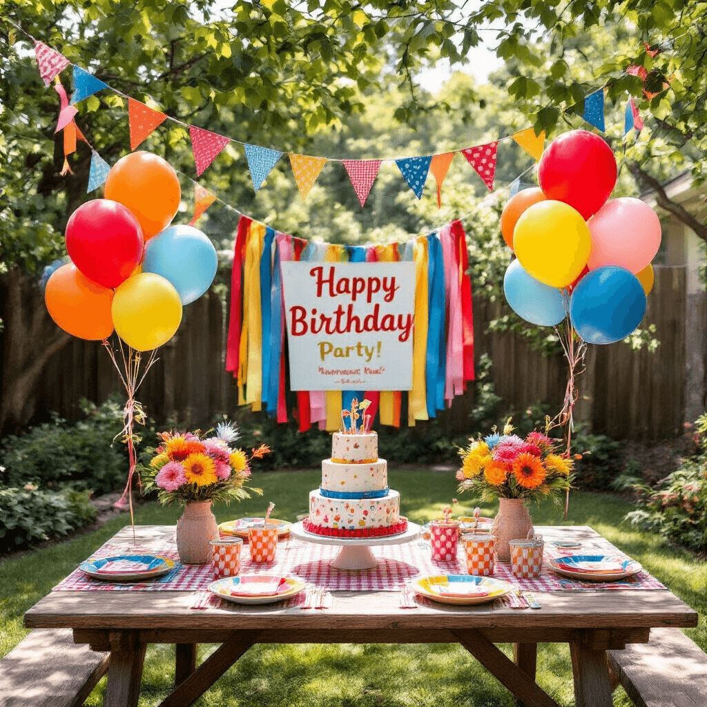 Everything You Need to Know About 17-Inch Balloons for Your Next Celebration Overhead view of a lively children's birthday party in a cozy backyard, featuring character foil balloons, colorful latex balloons, a three-tiered cake on a rustic picnic table, vibrant balloon bouquets, cascading paper streamers, and festive table settings with personalized party favors.