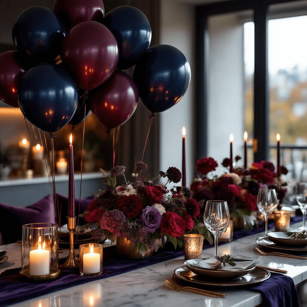 Everything You Need to Know About 17-Inch Balloons for Your Next Celebration Close-up view of an intimate candlelit celebration in a modern apartment, featuring jewel-toned balloon arrangements and elegant table settings on a marble countertop, with flickering pillar candles, rich silk table runners, and ambient lighting creating a luxurious atmosphere.
