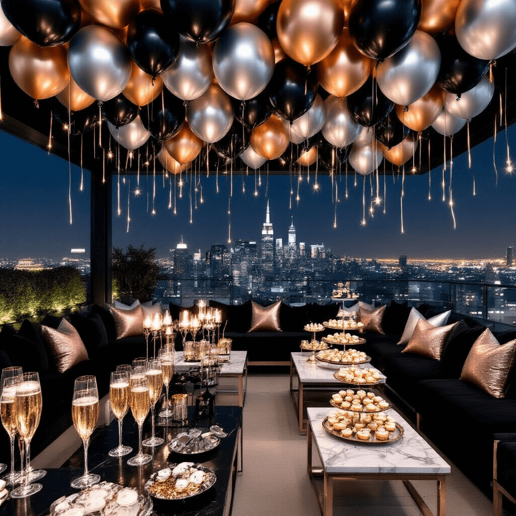 Black Balloons: The Ultimate Guide to Styling Your Next Event Like a Pro Chic New Year's Eve rooftop party with fairy lights, black and gold balloons, marble cocktail tables, and a dramatic urban skyline backdrop.