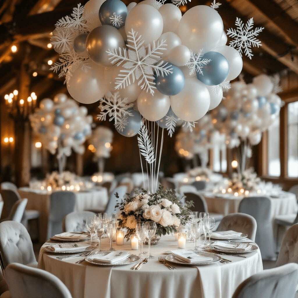 How Long Balloons Transformed My Party Game (And Why You Need Them Too) Elegant winter wonderland baby shower scene in a cozy ballroom featuring balloon snowflakes, ivory silk tablecloths, crystal stemware, and organic floral centerpieces, all illuminated by candlelight.