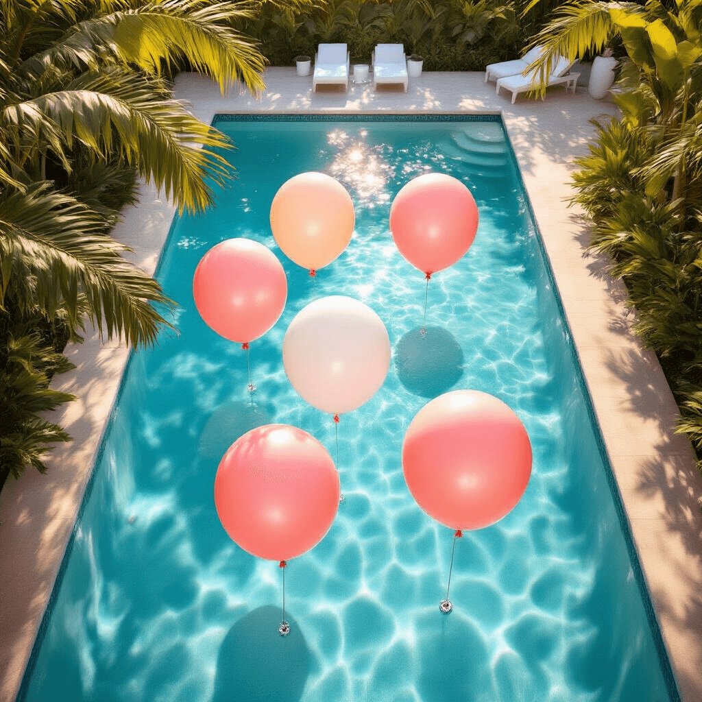 Pool Balloons: Everything You Need to Know About Floating Party Decor That Actually Stays Put Photorealistic overhead view of a turquoise backyard pool at golden hour, featuring five oversized balloons in blush pink, coral, and white floating on the water, attached to chrome weights with invisible fishing line. Sunlight filters through palm fronds, casting shadows on travertine tiles, while lush green landscaping and white outdoor furniture create a soft-focus background. The clear water has gentle ripples, reflecting the balloons and showcasing decorative streamers in coral and cream beneath the surface.